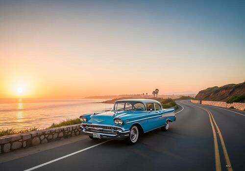 vintage-classic-blue-car-parked-by-coastal-road-at-sunset-retro-nostalgia-vehicle-photo